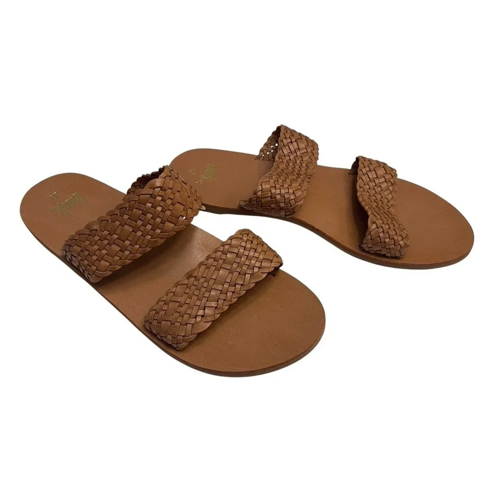 New BEEK Sz 10 Flicker Sandal Woven 100% Leather Tan Women's Double Strap Slide